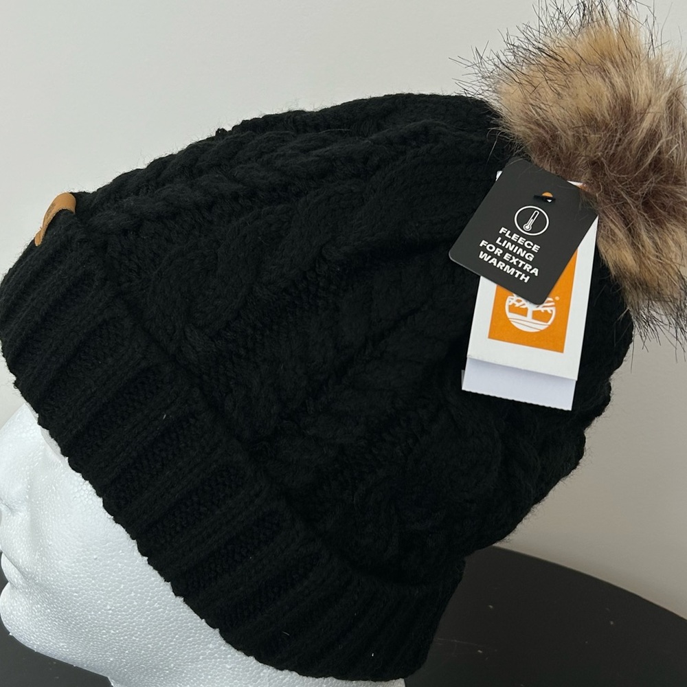 Timberland Women’s Black Autumn Woods Cable Cozy Fleece lined Beanie W/Pom NEW - Picture 8 of 8